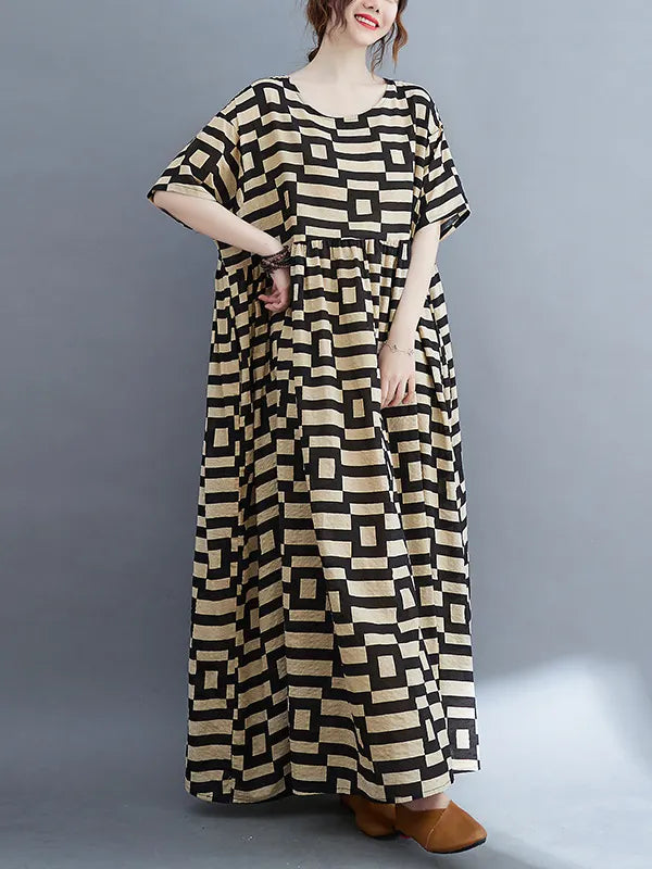 Loose Short Sleeves Plaid Round-neck Midi Dresses