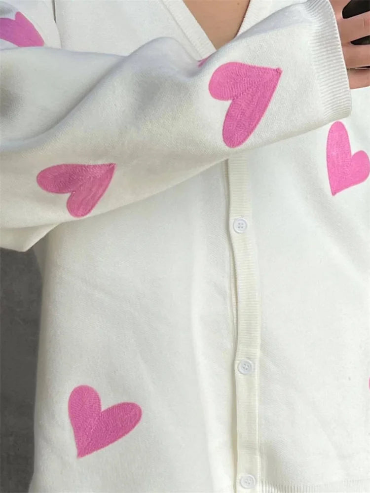 Knitted Cardigan Long Sleeve Loose Deep V Neck Sweater ’s Embroidery Heart Autumn Coat New