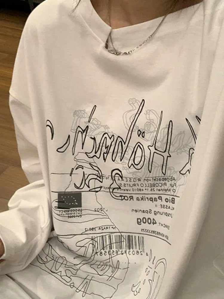 Y2k T-shirt Fairy Grunge Letter Print Tops Black Autumn Off Shoulder Long Sleeved Korean Tees Loose Harajuku Shirt