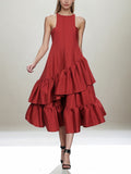 A-line Loose Double Layered Pleated Color Split-joint Zipper Cold Shoulder Midi Dresses