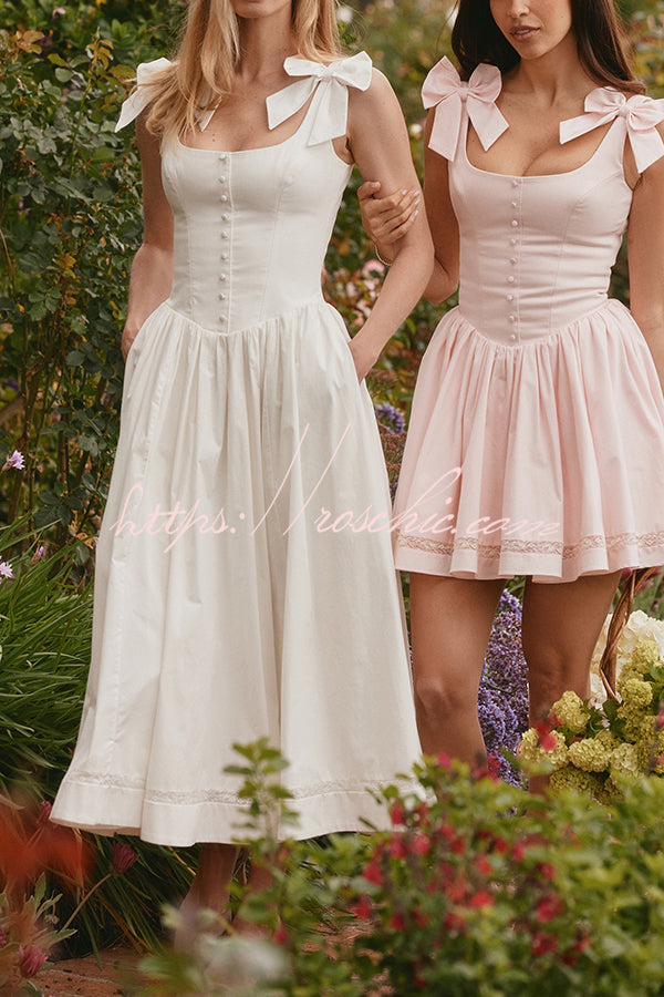 Real Darling Square Neck Bows Straps Button Up Pocketed Midi Dress