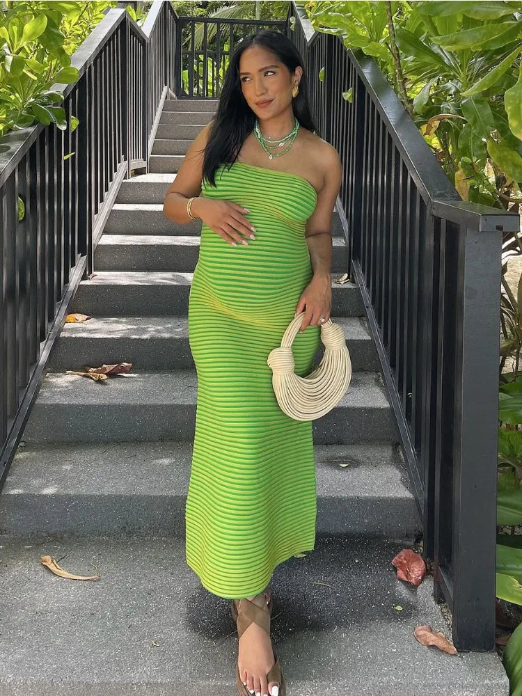 Striped Knit Female Long Dress Bandeau Loose Contrast High Waist Backless Patchwork Summer Knitwear Maxi Dress