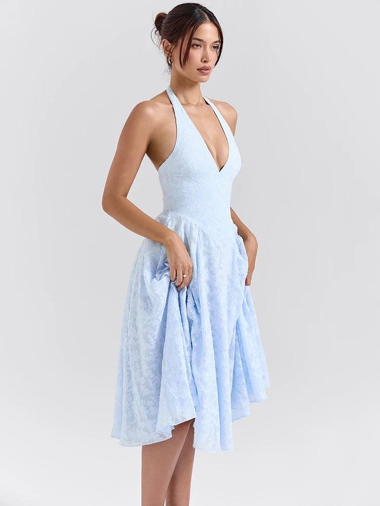 Deep V Neck Halter Madi Dress Sleeveless Backless A-line Loose Pleated Evening Long Dress