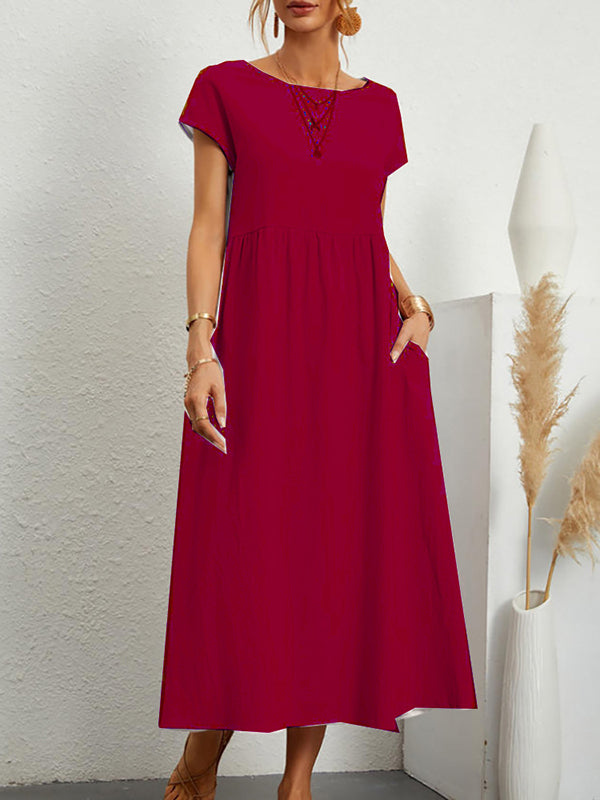 Loose Short Sleeves Pleated Color Round-neck Midi Dresses