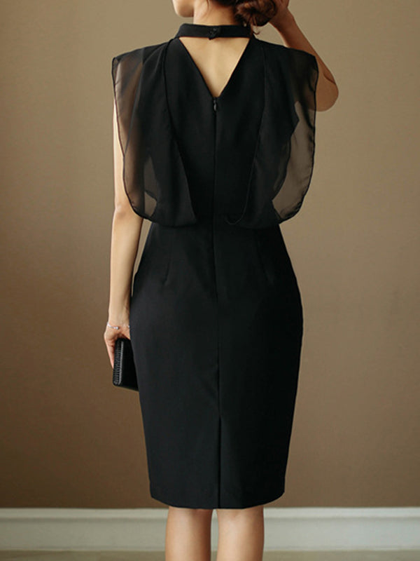 Loose Sleeveless Gauze Hollow See-through Split-joint Zipper Stand Collar Evening Dresses Midi Dresses