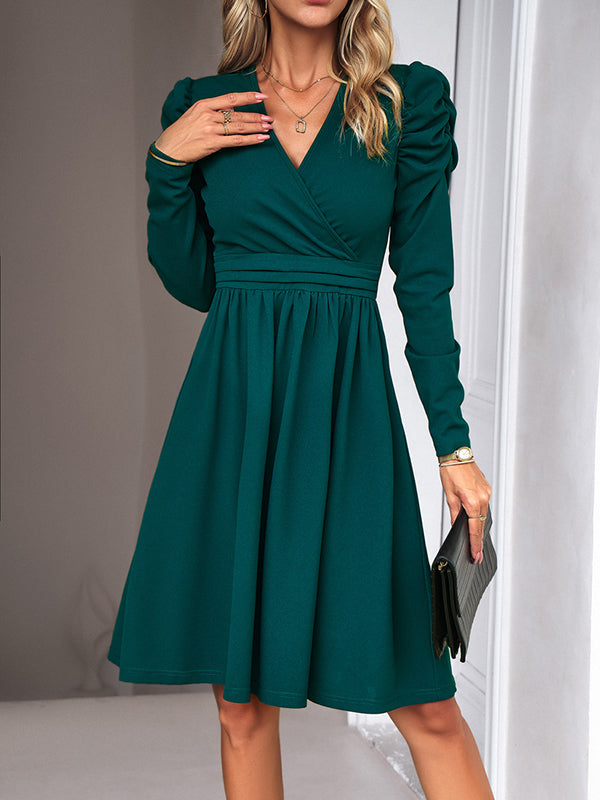 Puff Sleeves Skinny Pleated Color Split-joint V-neck Midi Dresses