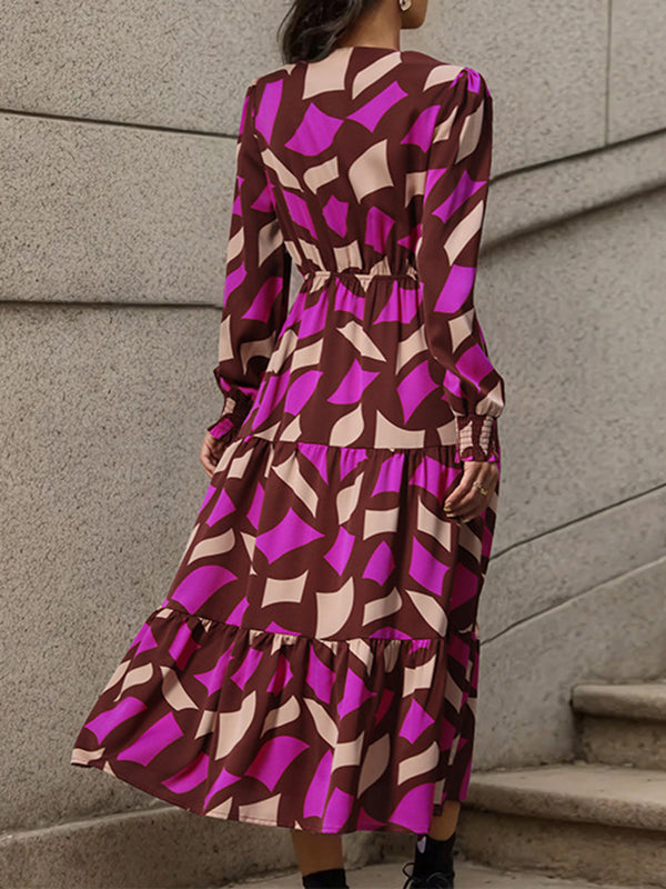 A-line Long Sleeves Buttoned Elasticity Pleated Printed Split-joint Tied Waist V-neck Midi Dresses