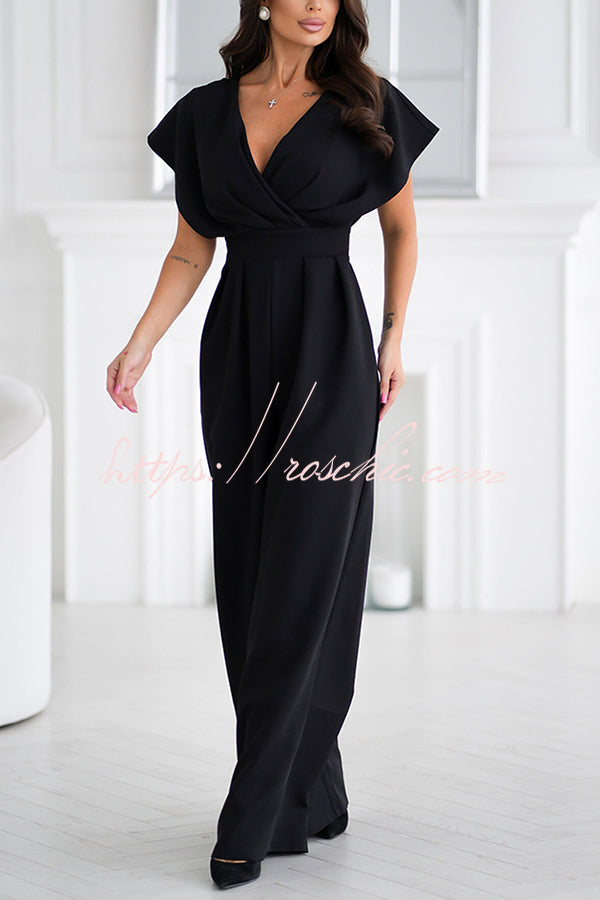 Color V-neck Waist Wide-leg Jumpsuit