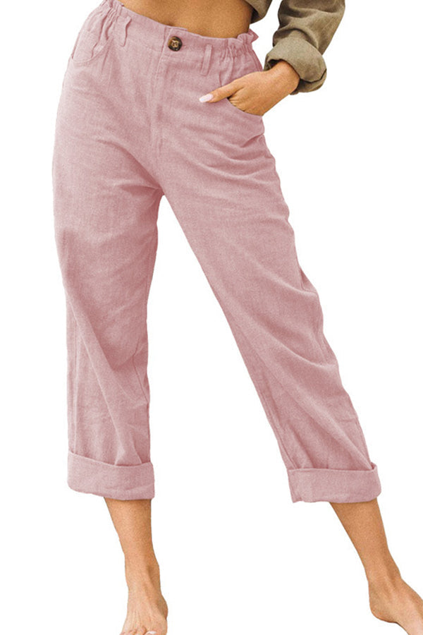 Color Cotton and Linen Fashionable Loose High Waist Pants