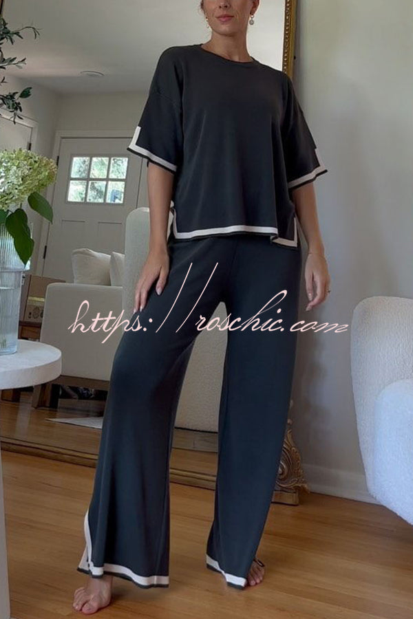 Lounge or Wear Knit Patchwork Color Block Short Sleeve Top and Elastic Wide Leg Pants