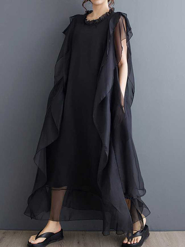Loose Ruffle Sleeves Falbala Ruffled Color Round-neck Midi Dresses