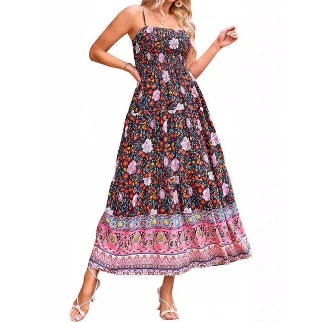 Flower Print Spaghetti Strap Dresses Beach Vacation Long Dress Female Summer New Vestidos