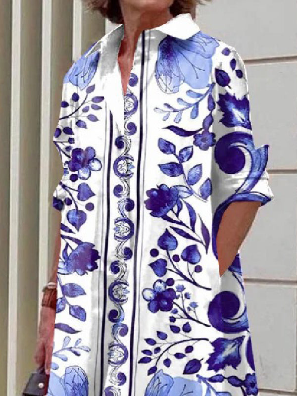 Long Sleeves Printed Lapel Midi Dresses