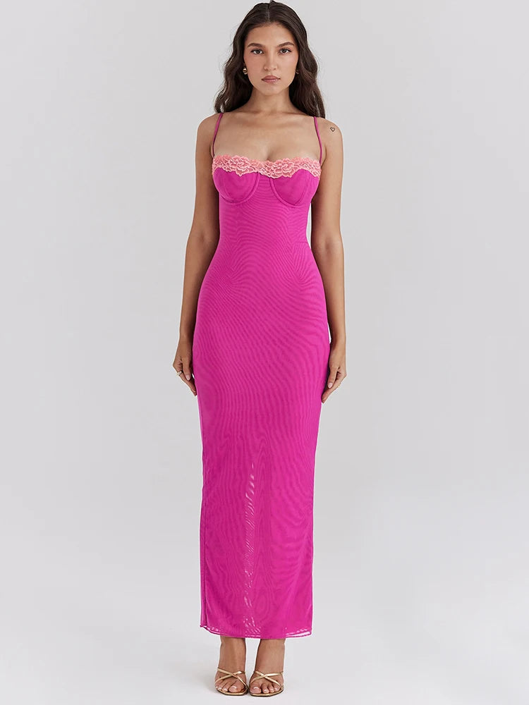 Lace Spaghetti Strap Bodycon Maxi Dress Gown Patchwork Sleeveless Backless Club Party Dress