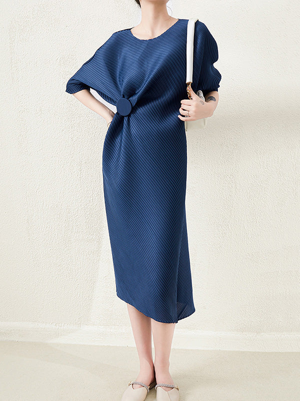 Stylish Irregularity Loose Pleated Color Round-neck Midi Dresses