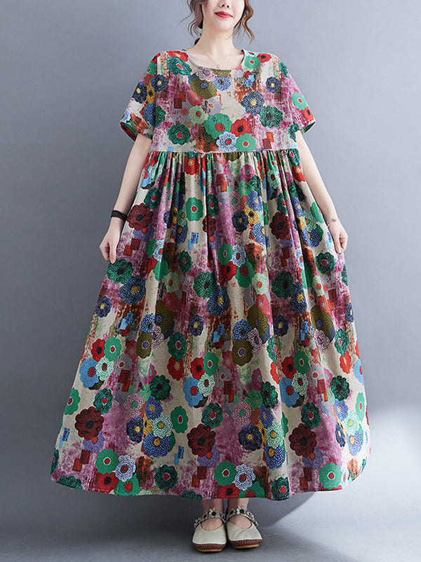 Loose Multi-colored Printed Midi Dress