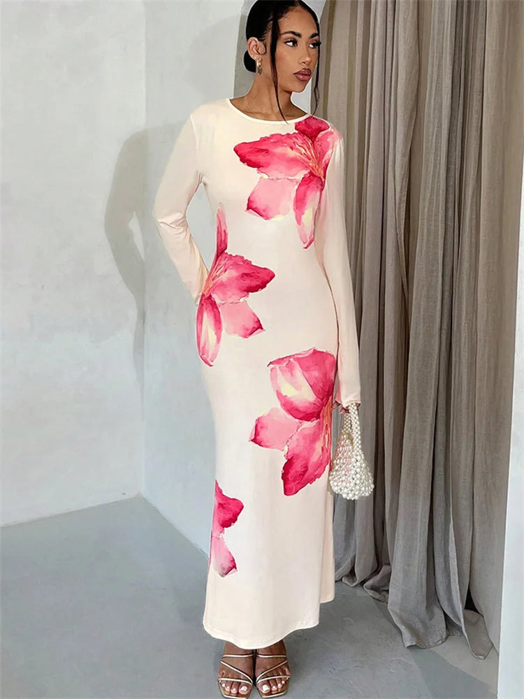 Autumn Printed Slim Maxi Dress ’s Contrast Long Sleeve High Waist See-through Dress Female Long Dress New