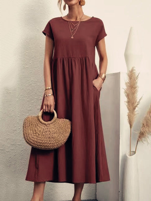 Loose Short Sleeves Pleated Color Round-neck Midi Dresses
