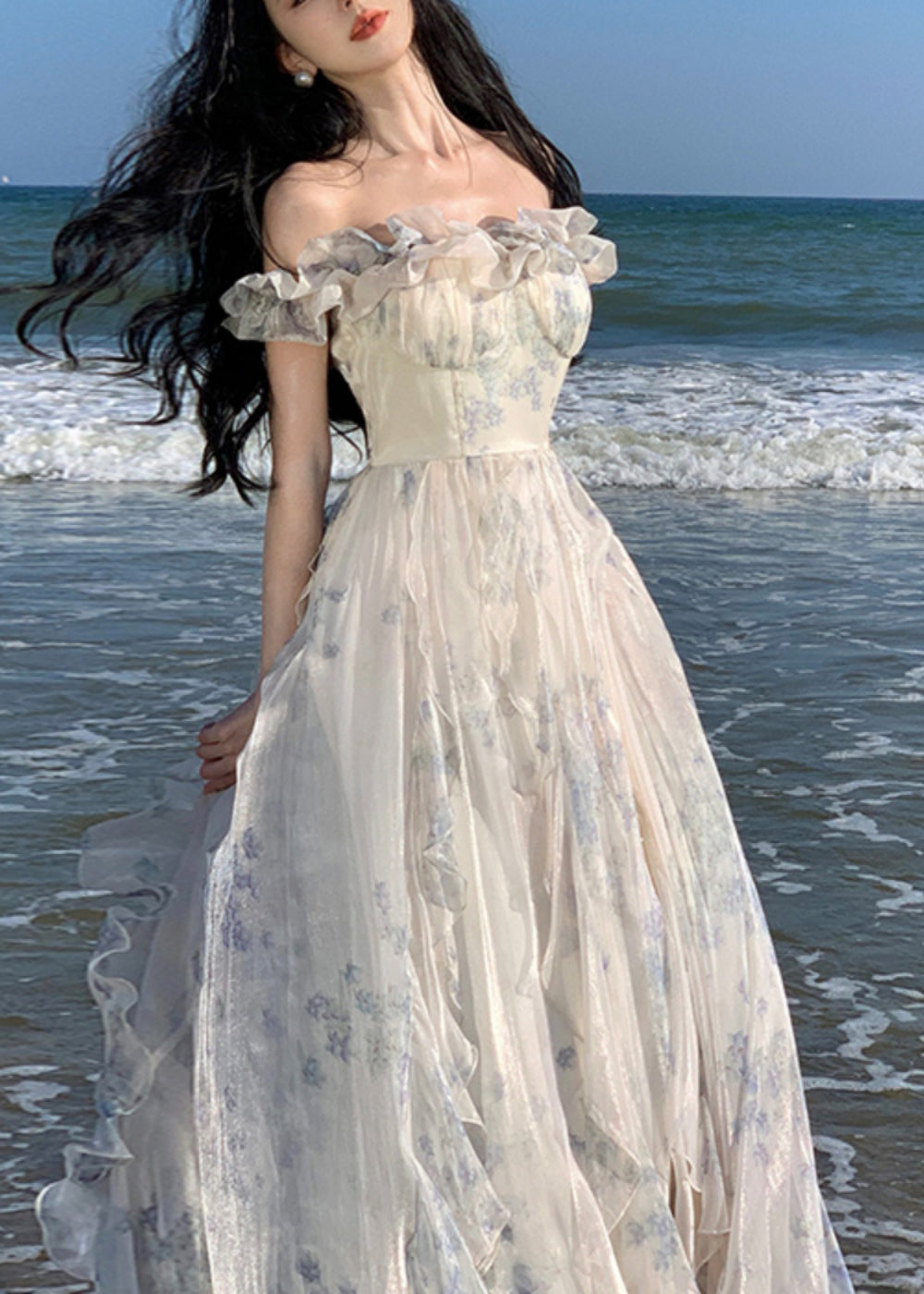 Ruffled Print Patchwork Chiffon Long Dresses Summer Tt1020