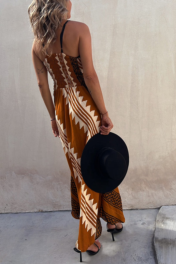 Always Falling Satin Print Smocked Back Midi Dress