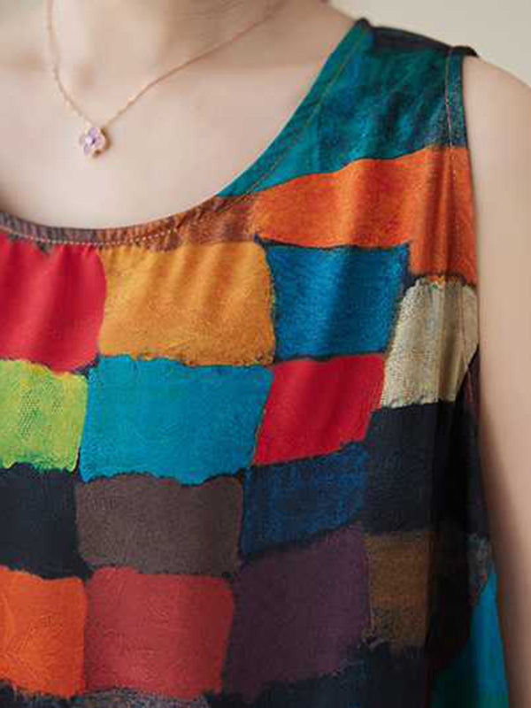 Loose Sleeveless Contrast Color Multi-colored Plaid Round-neck Midi Dresses
