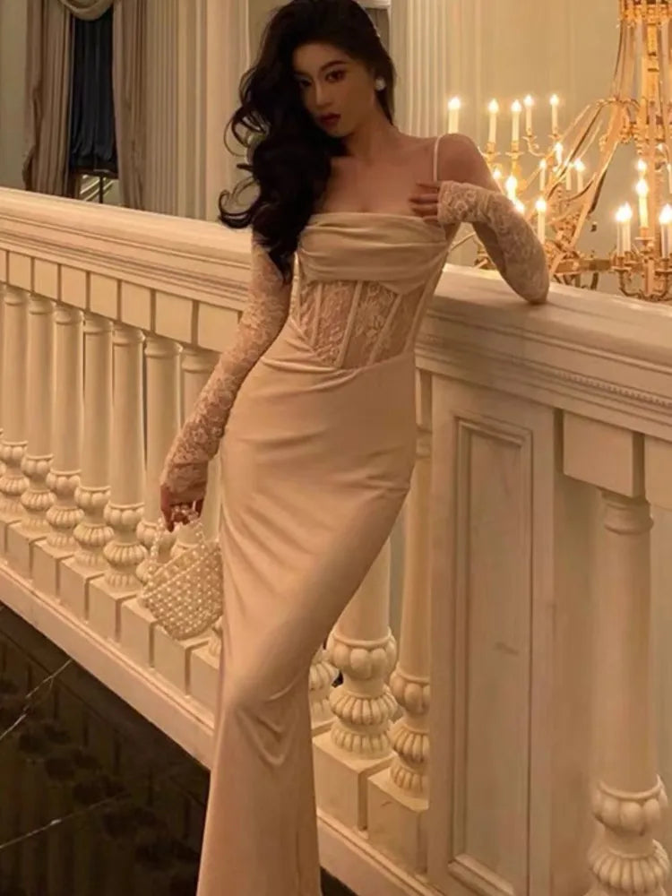 Bodycon Long Dresses for Evening Party Prom Robe Wedding Dress Velvet Lace Patchwork Spaghetti Strap Slim Vestidos