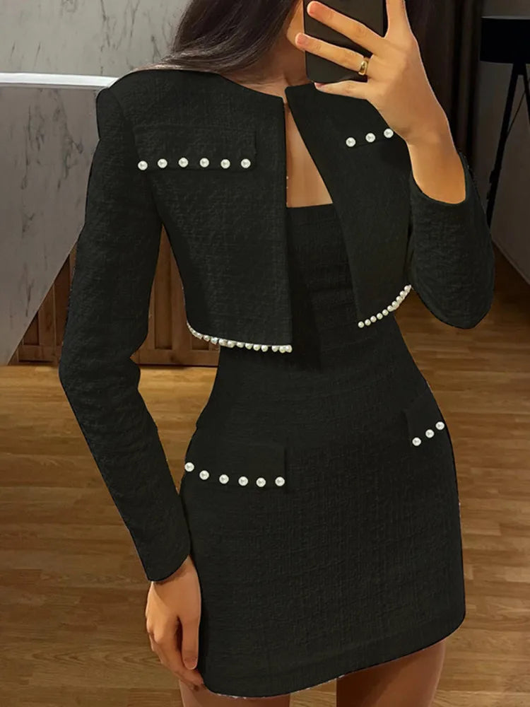 Pearl Dress Sets Autumn Long Sleeve Coat and Mini Dress Two Piece Sets Femme Strapless Dress Matching Sets