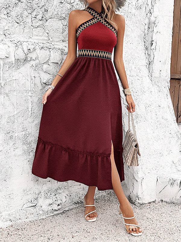 A-line High Waisted Embroidered Pleated Split-joint Split-side Halter-neck Midi Dresses