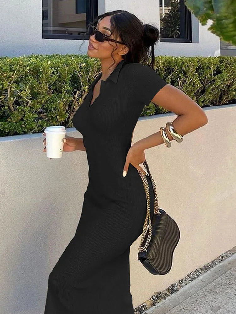 Knitted Short Sleeve Bodycon Maxi Dress Summer Backless Bandage Stretch Lady Dresses