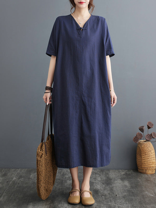 A-line Loose Chinese Frog Buttons Pockets Color Split-side V-neck Midi Dresses
