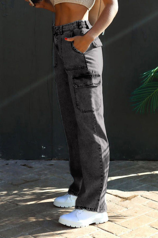 Washed Denim Multi-pocket Non-stretch Overalls