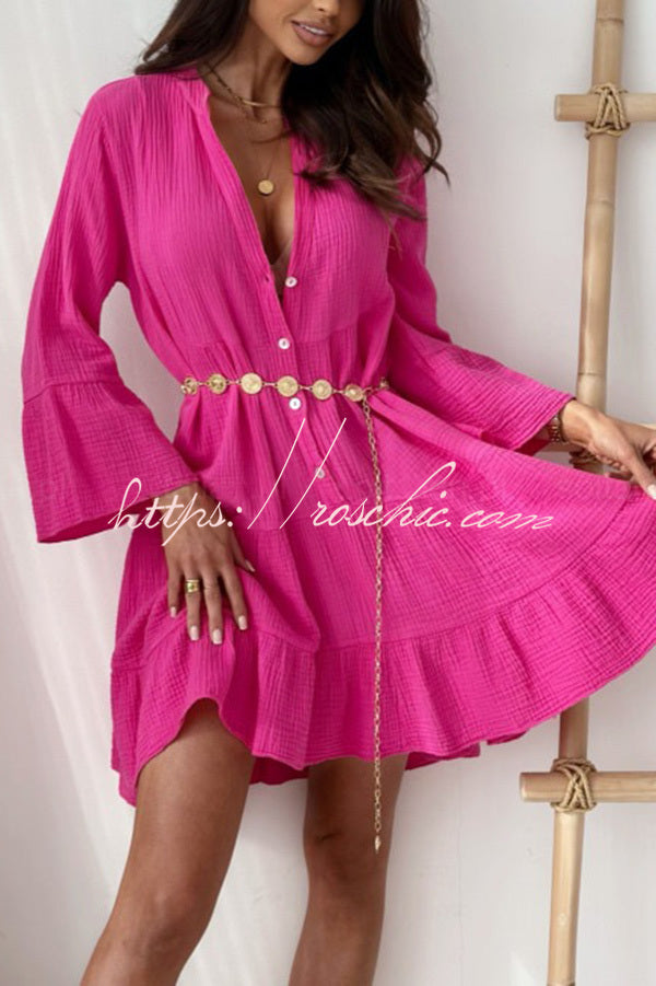 Linen Blend V-neck Bell Sleeve Mini Dress