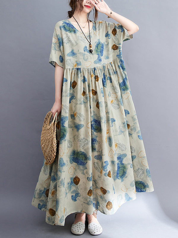 Artistic Retro Loose Printed Pleated Vacation Midi Dress