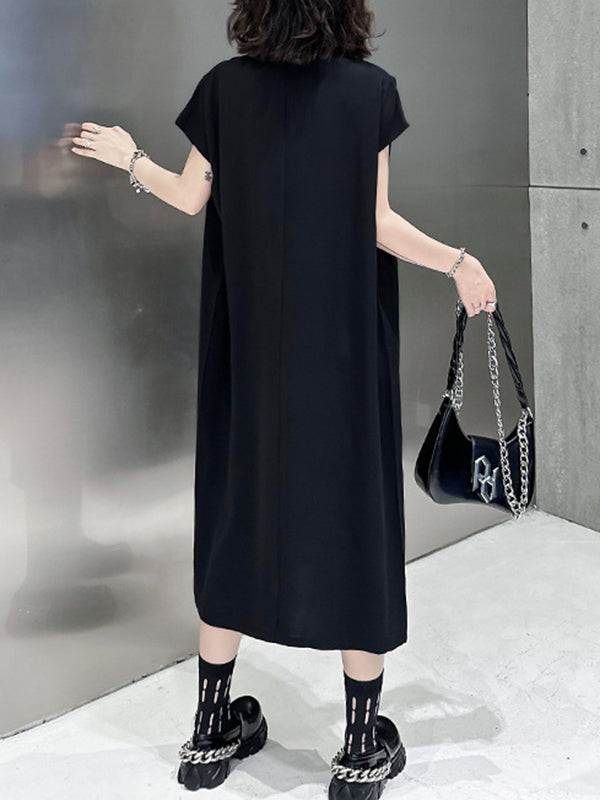 Loose Short Sleeves Asymmetric Color Split-joint Split-side V-neck Midi Dresses