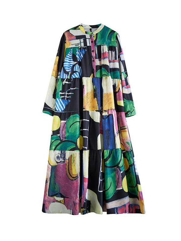 Long Sleeves Loose Buttoned Printed Split-joint Round-neck Midi Dresses
