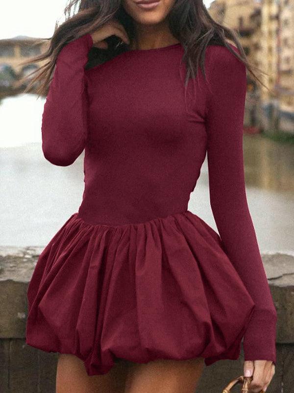 Long Sleeves Skinny Pleated Color Split-joint Round-neck Mini Dresses