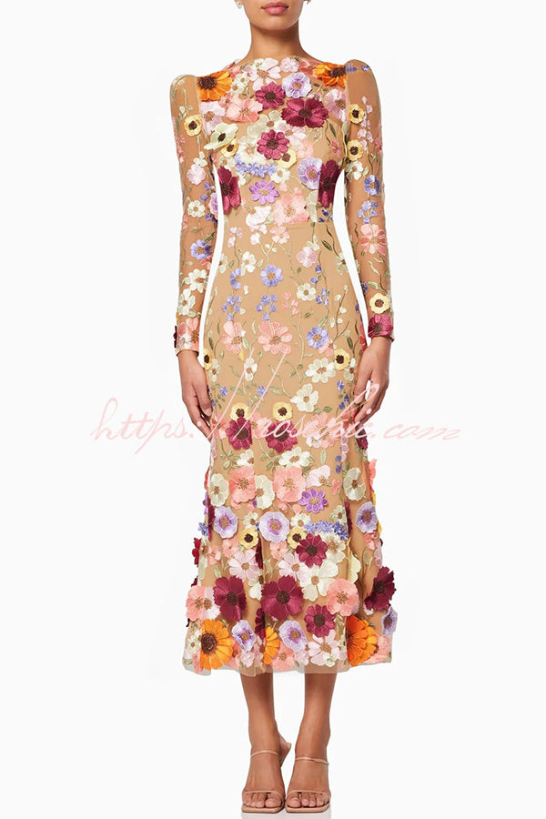 Dignified and Refined Charm Embroidered Applique Long Sleeve Fish Tail Midi Dress