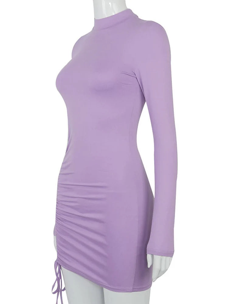 Long Sleeve Ruched Bodycon Dress Turtleneck Bandage Mini Dresses Autumn Black Skinny Stretchy Party Vestidos