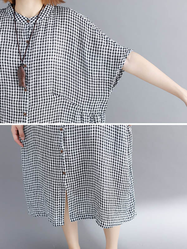 Artistic Retro Loose Split-joint Plaid Buttoned Stand Collar Half Sleeves Midi Dress