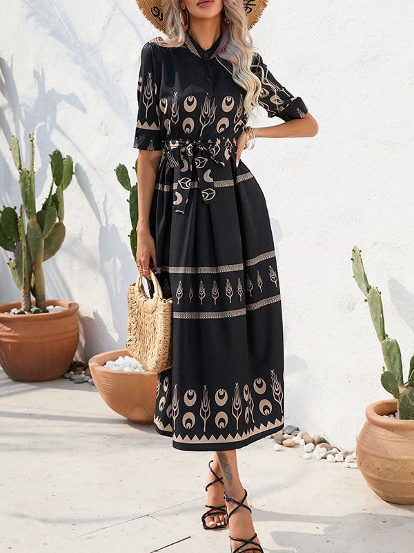A-line Half Sleeves Buttoned Tied Waist Lapel Midi Dresses