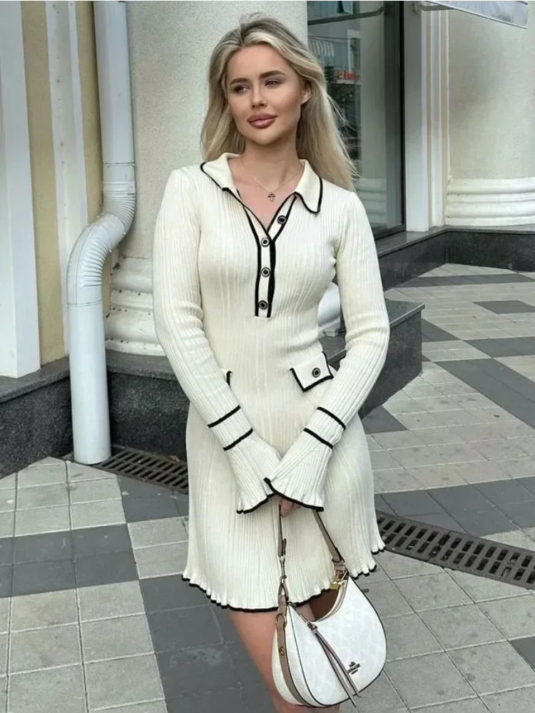 Ruffled Knit Dress Autumn Ribbed Contrast Long Sleeve High Waist Lapel Gown Dress Knitwear Maxi Dress