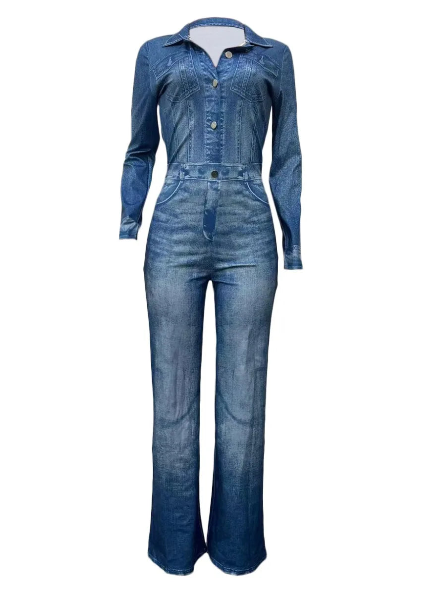 Autumn Winter Imitation Denim Pocket Button Design Jumpsuit Jumpsuits