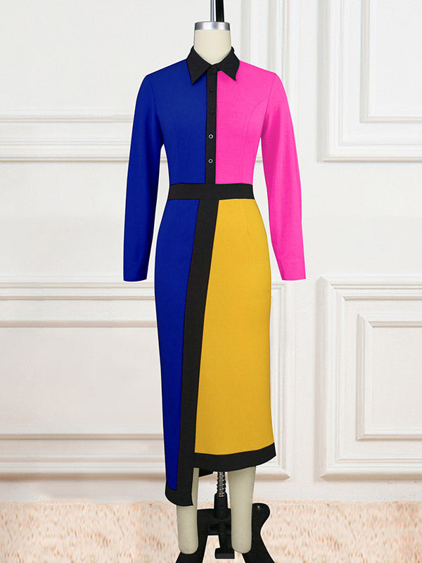 High Waisted Long Sleeves Asymmetric Buttoned Contrast Color Split-back Lapel Midi Dresses