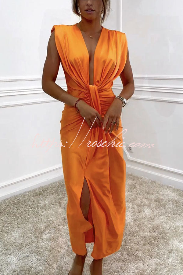 Classic and Dates V-neck Ruched Drape Slit Midi Dress