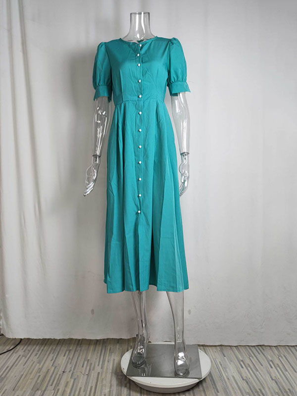 High Waisted Loose Buttoned Round-neck Midi Dresses