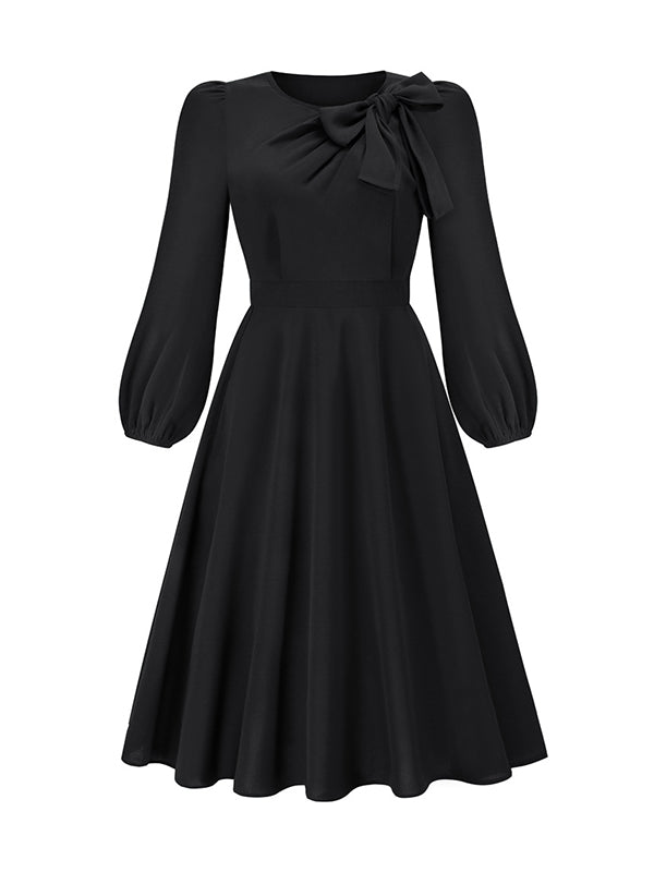 A-line Long Sleeves Asymmetric Bowknot Elasticity Color Round-neck Midi Dresses