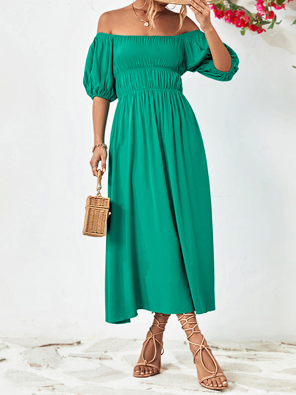 Loose Short Sleeves Color Off-the-shoulder Midi Dresses