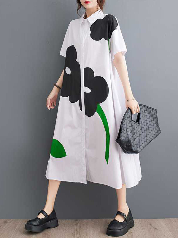 Loose Short Sleeves Buttoned Printed Lapel Collar Midi Dresses