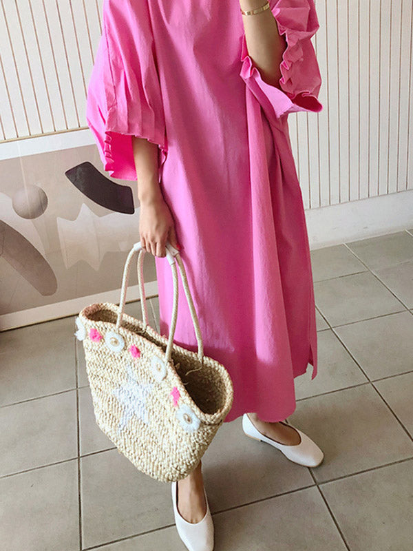 Causal Pleated Raglan Sleeve V-neck Midi Dress