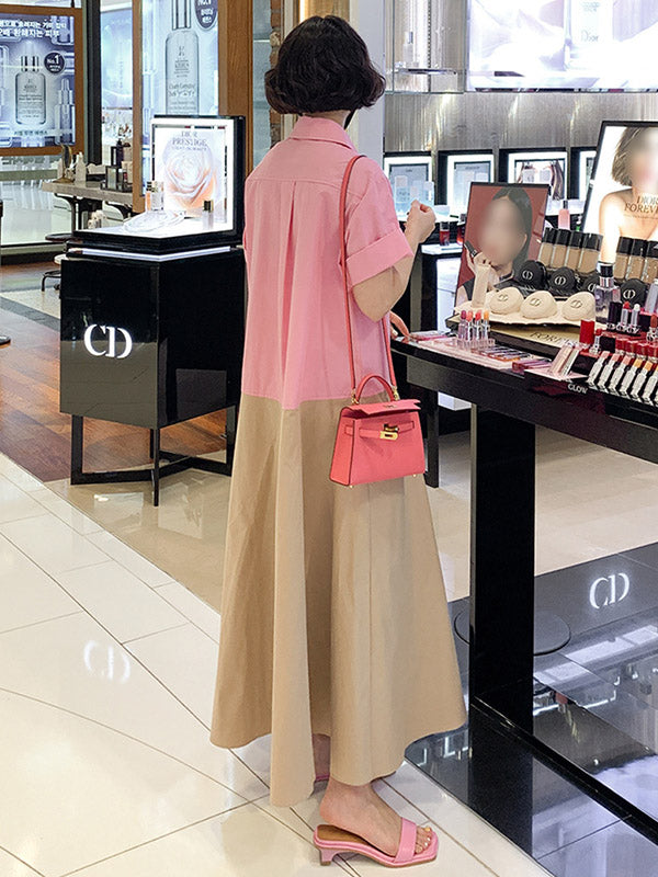 Split-joint Lapel Buttoned Short Sleeves Midi Dress